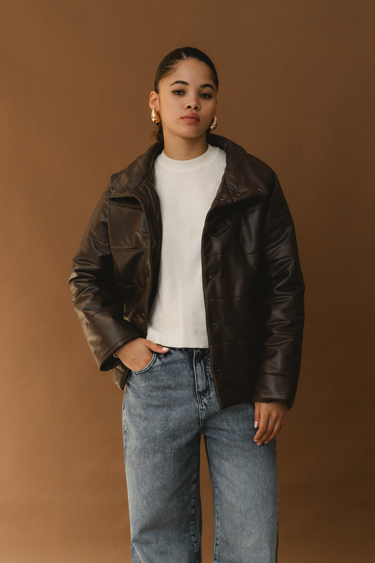 Puffer Leather Jacket - Dark brown