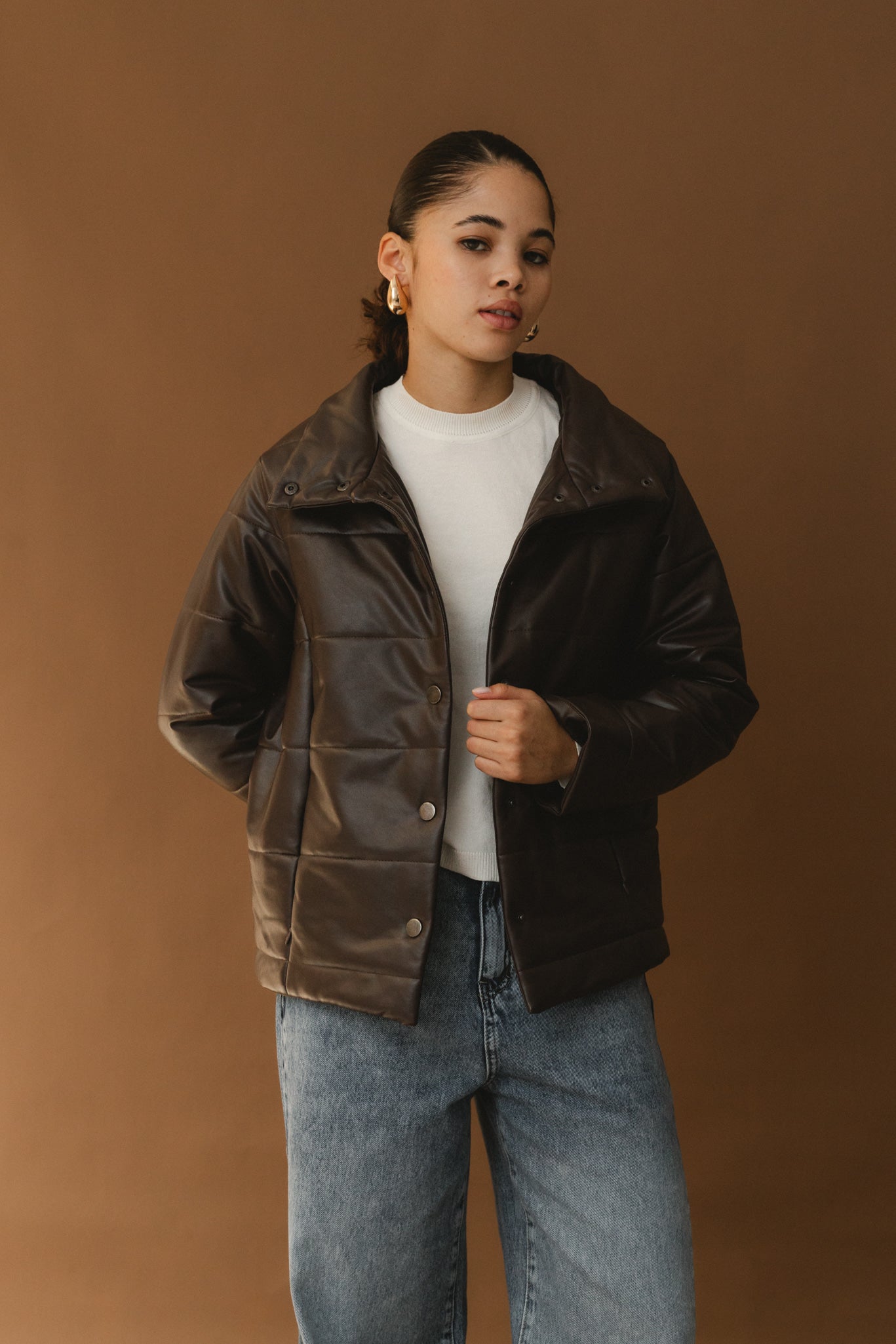 Puffer Leather Jacket - Dark brown