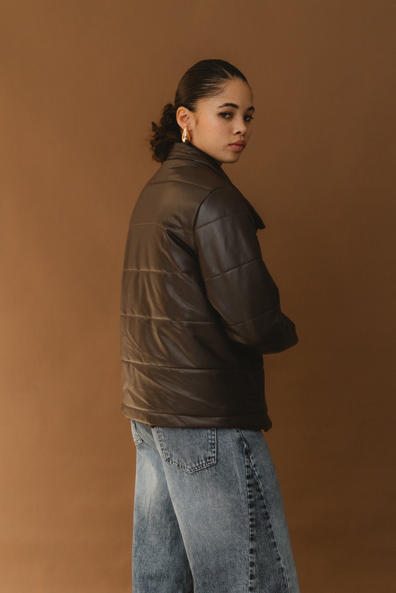 Puffer Leather Jacket - Dark brown