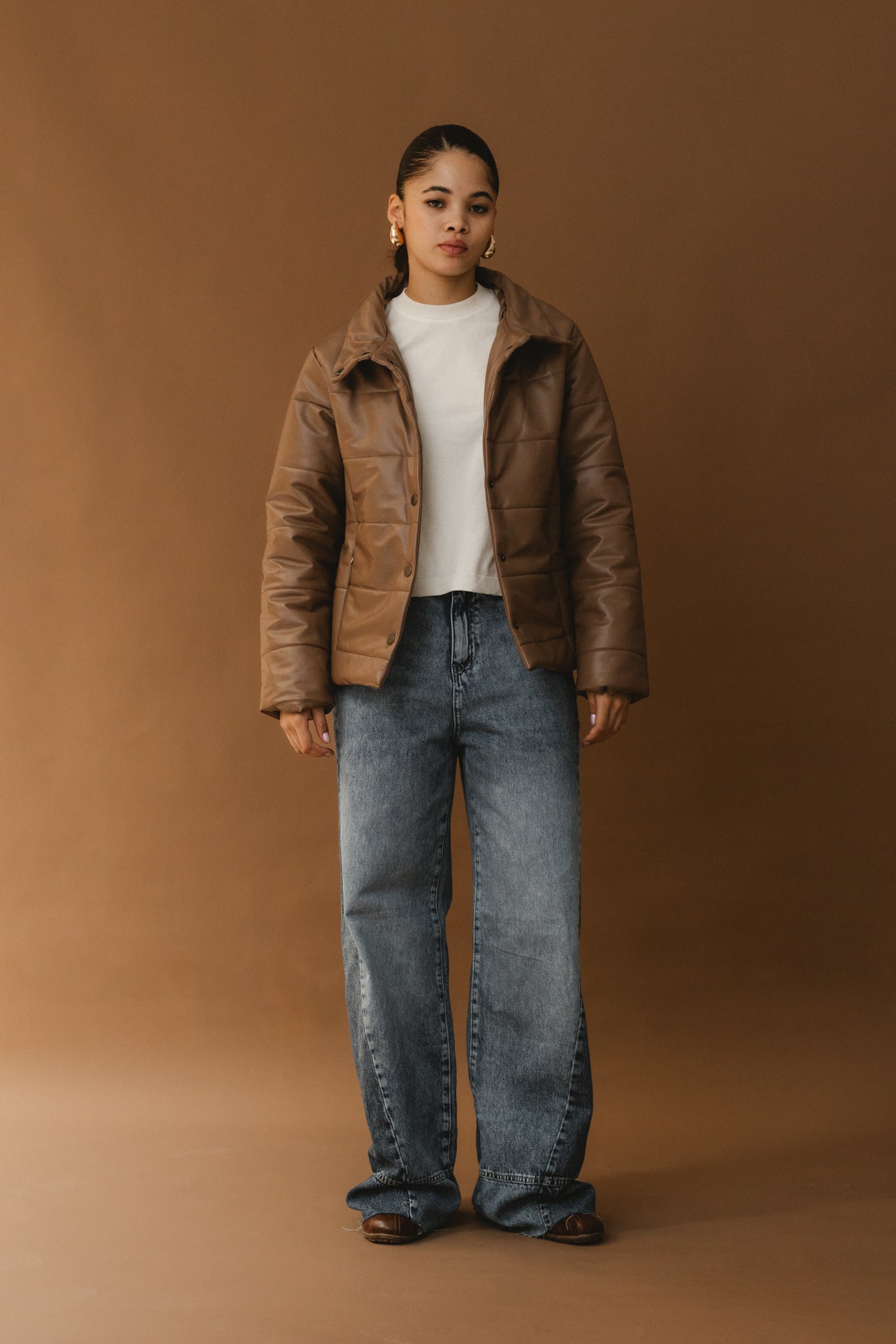 Puffer Leather Jacket - Coffee