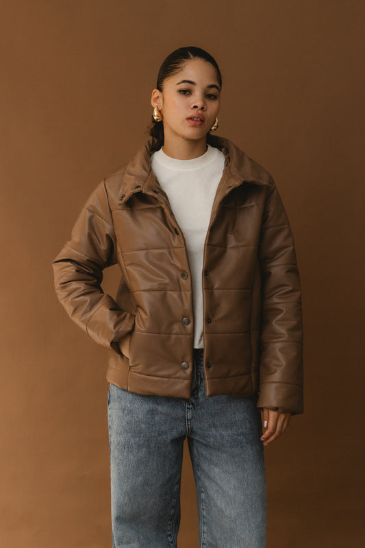 Puffer Leather Jacket - Coffee