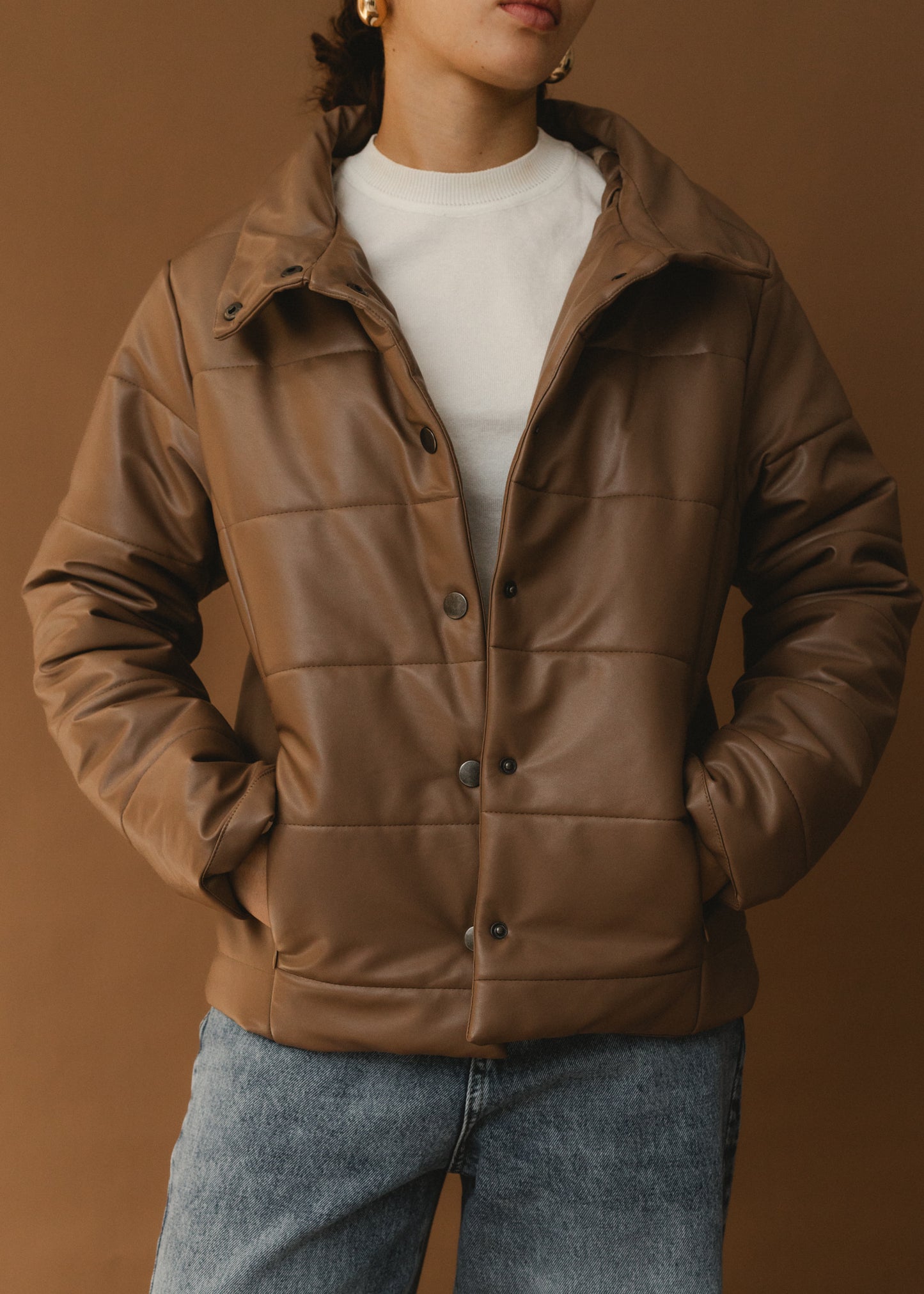 Puffer Leather Jacket - Coffee