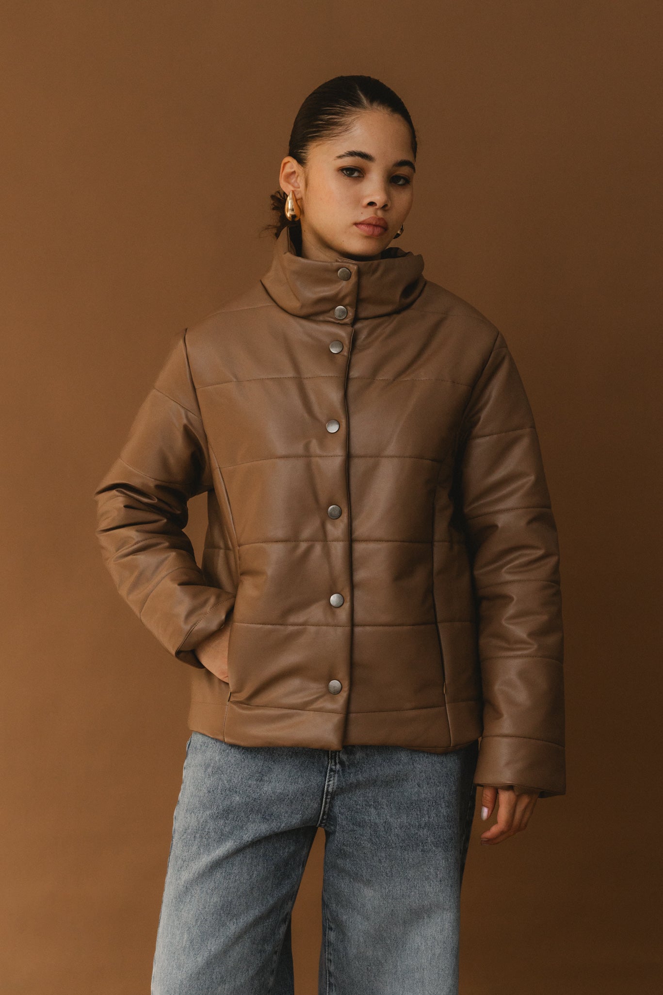 Puffer Leather Jacket - Coffee