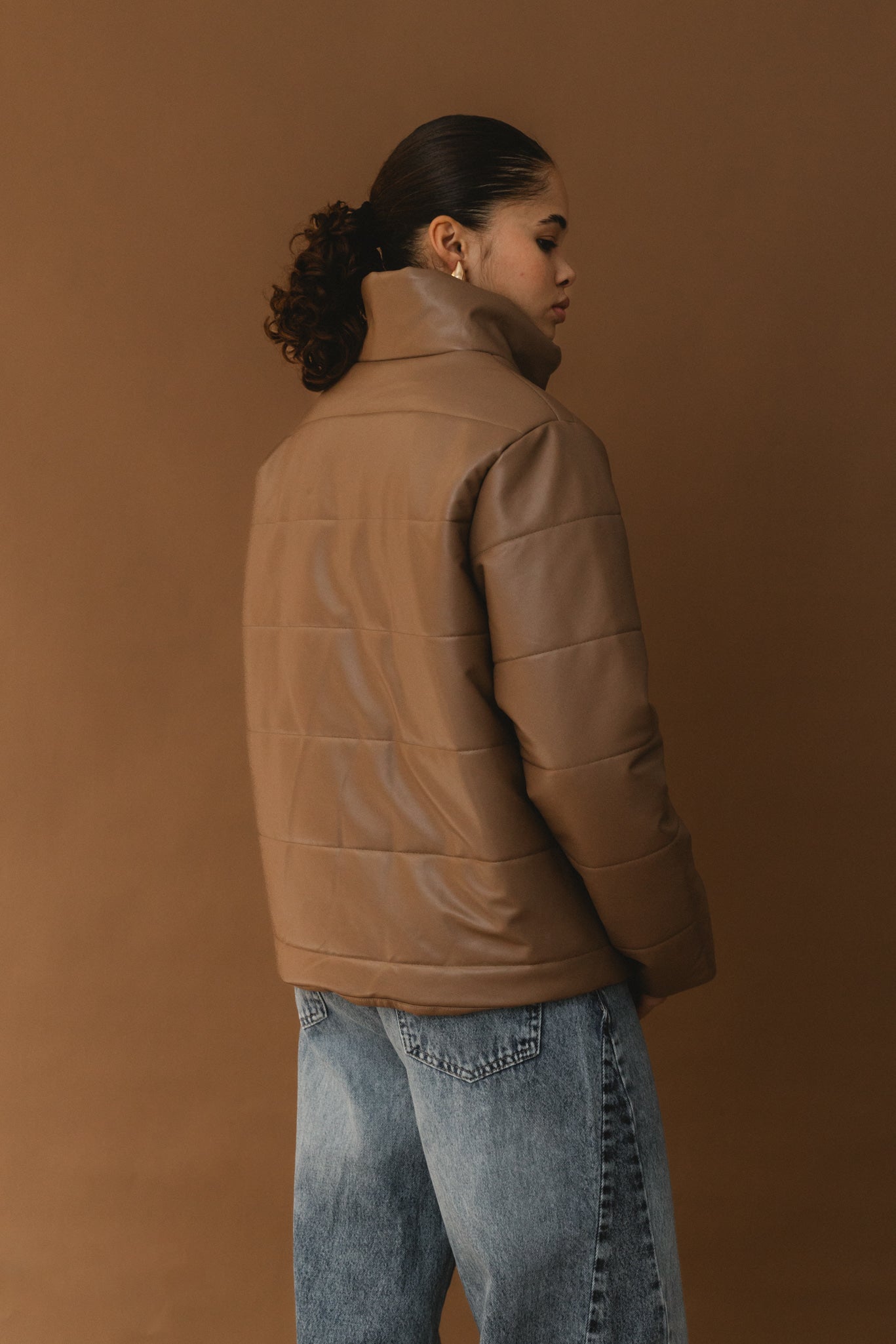 Puffer Leather Jacket - Coffee
