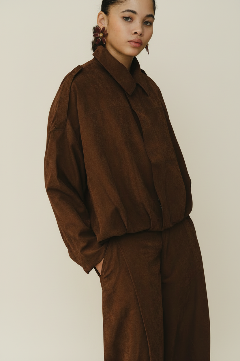 Light Faux Suede Balloon Jacket - Camel