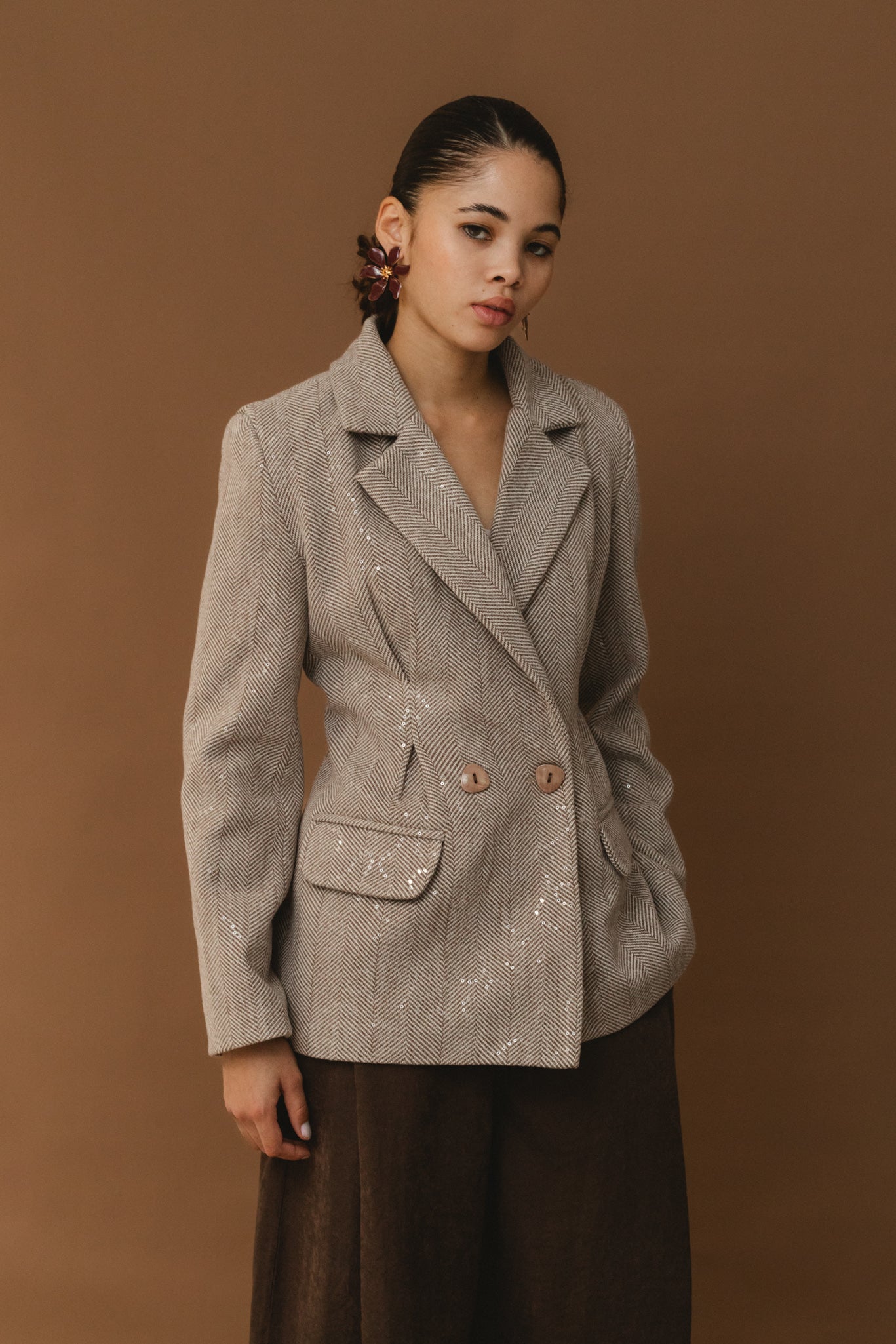 Cinched Shimmery Blazer - Brown