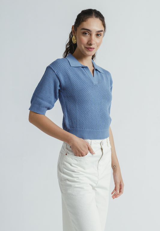 Polo Knit Top - Indigo