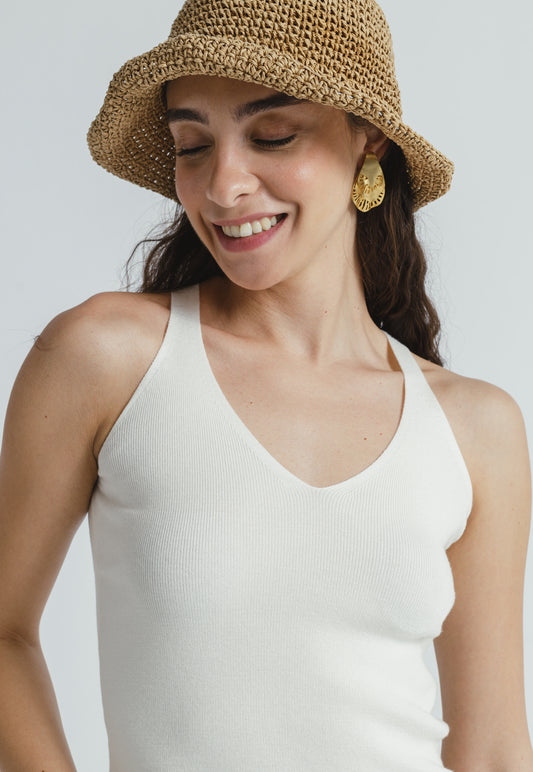 V Neck Knit Top - Off White