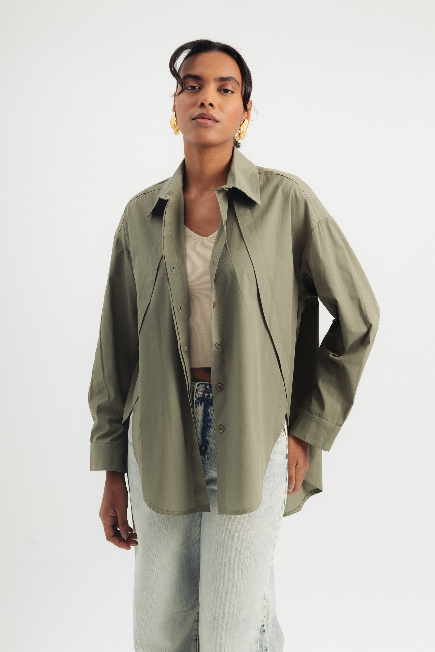 Round Cut Poplin Shirt - Olive