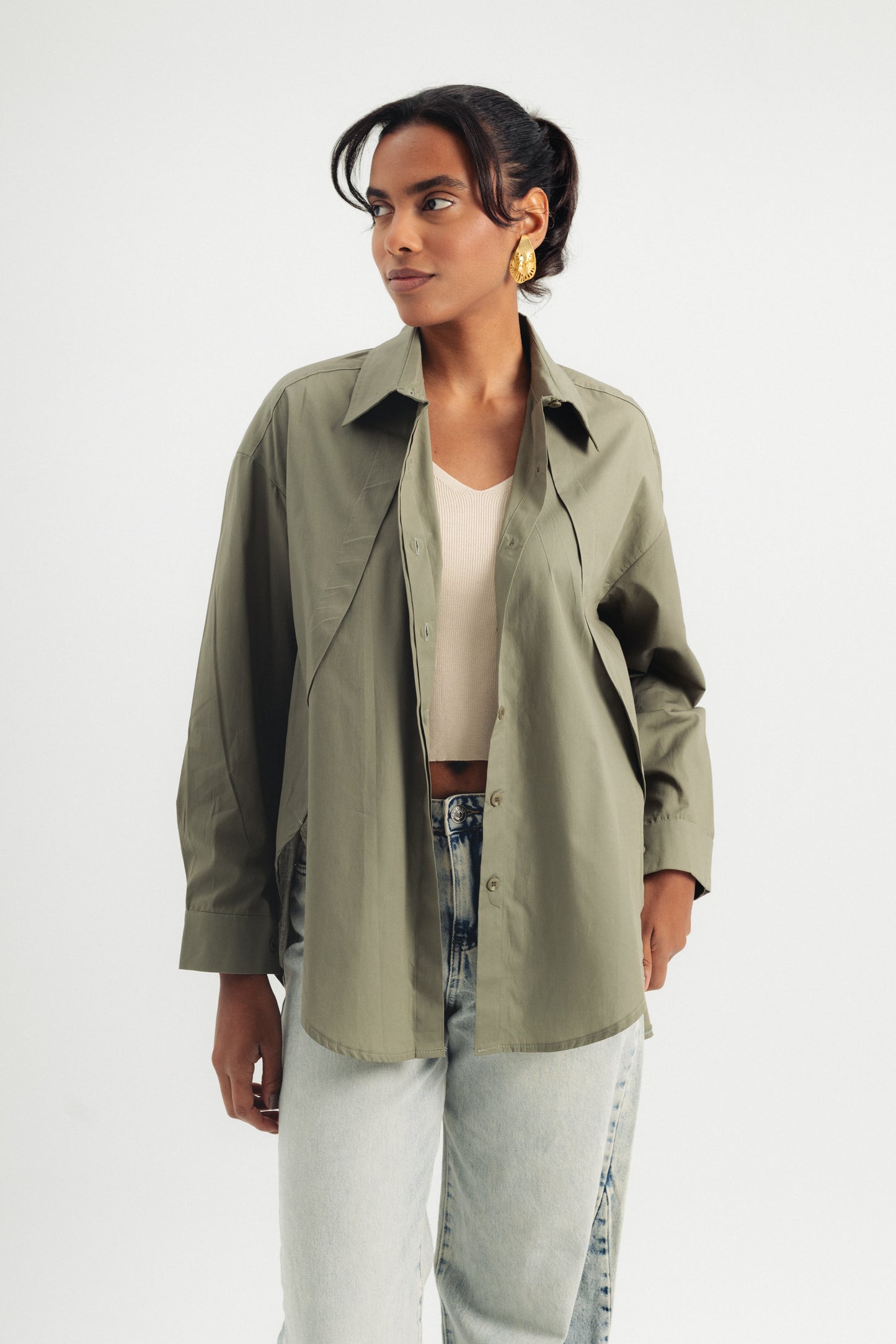 Round Cut Poplin Shirt - Olive