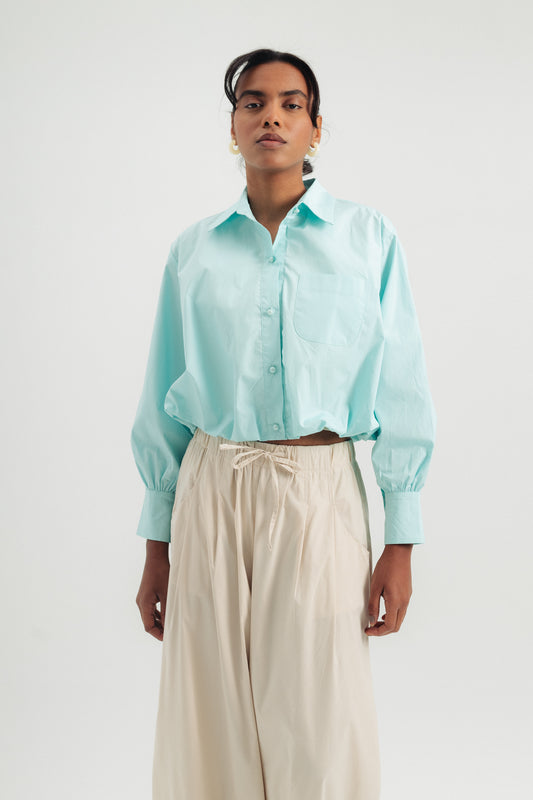 Balloon Cropped Shirt - Turquoise