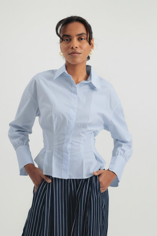 Cinched Poplin Shirt - Blue