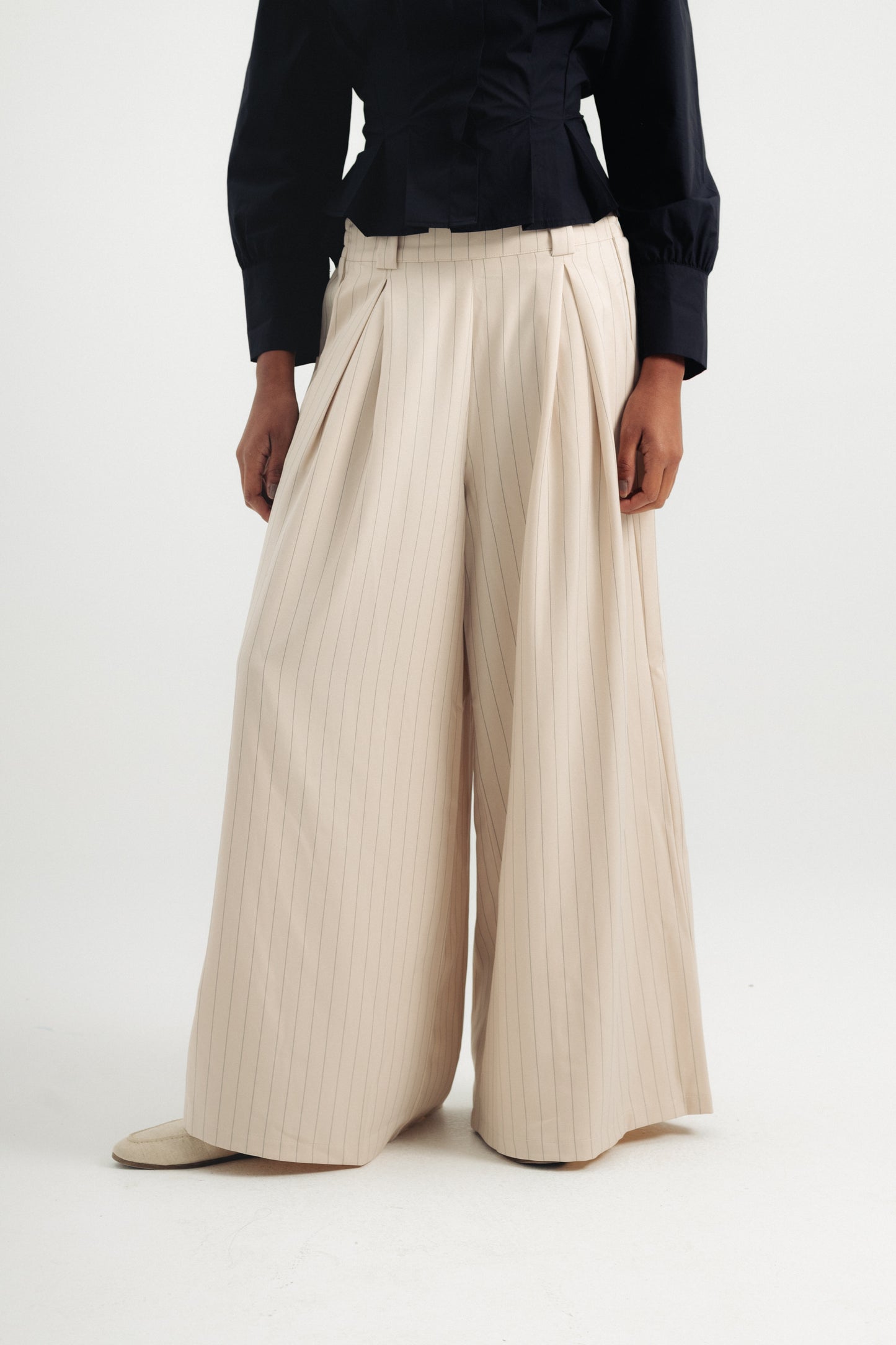 Striped Wide Leg Pants - Beige