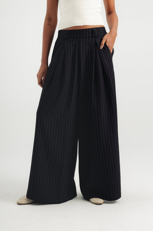 Striped Wide Leg Pants - Black