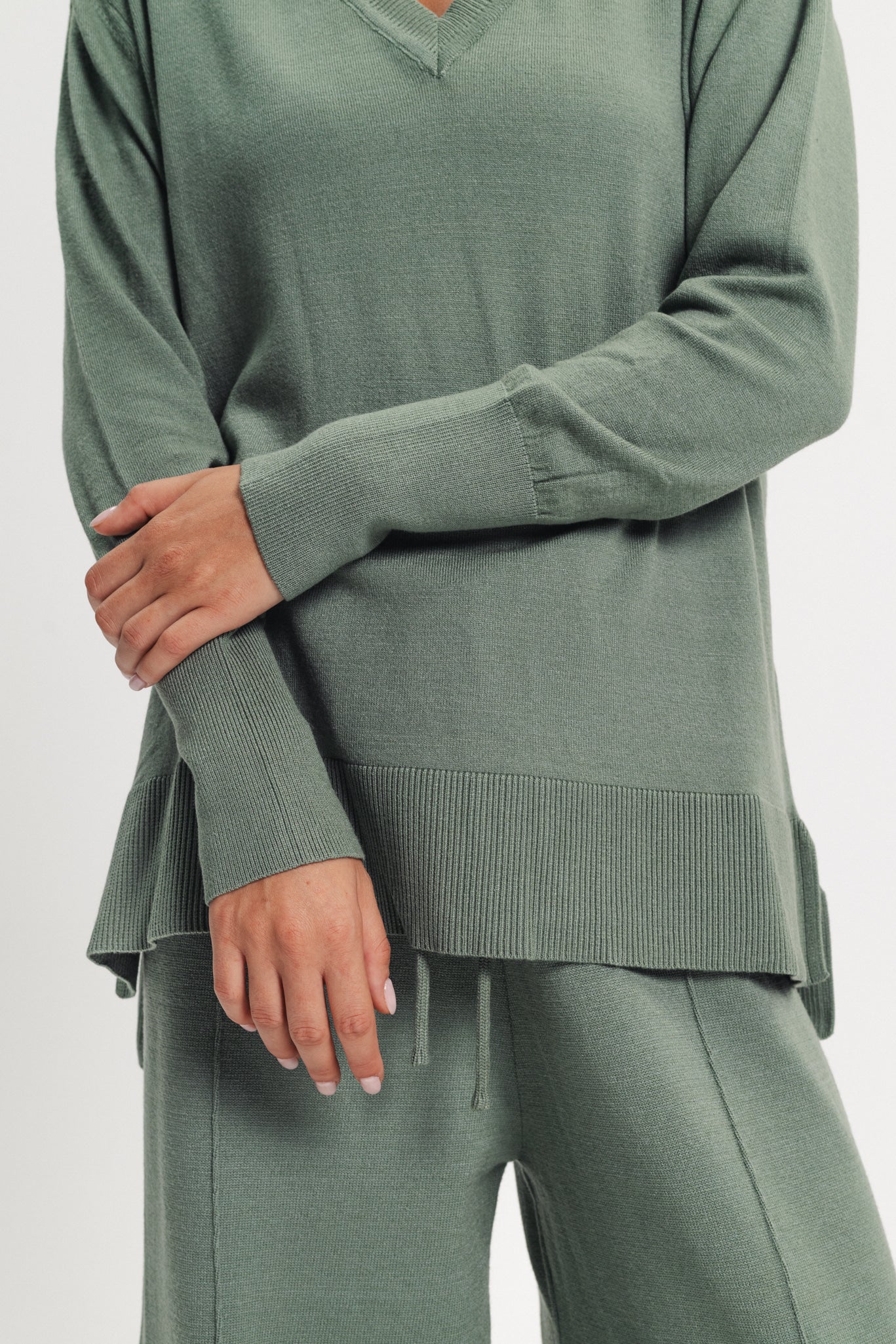 Basic V Neck Sweater TOP (Pants Not Included)- Green