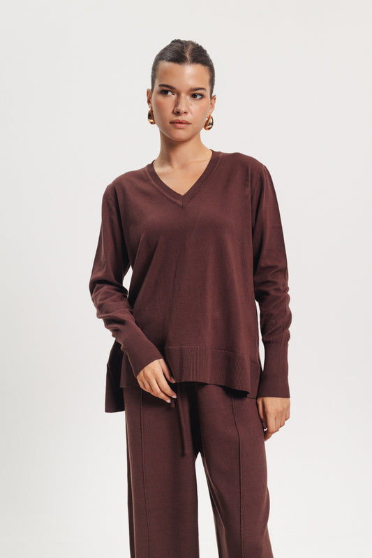 Basic V Neck Sweater TOP (Pants Not Included)- Brown