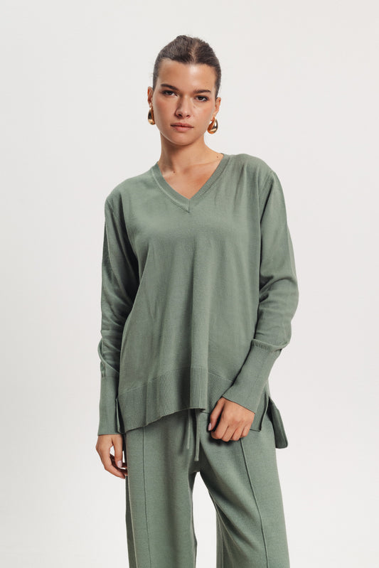 Basic V Neck Sweater TOP (Pants Not Included)- Green