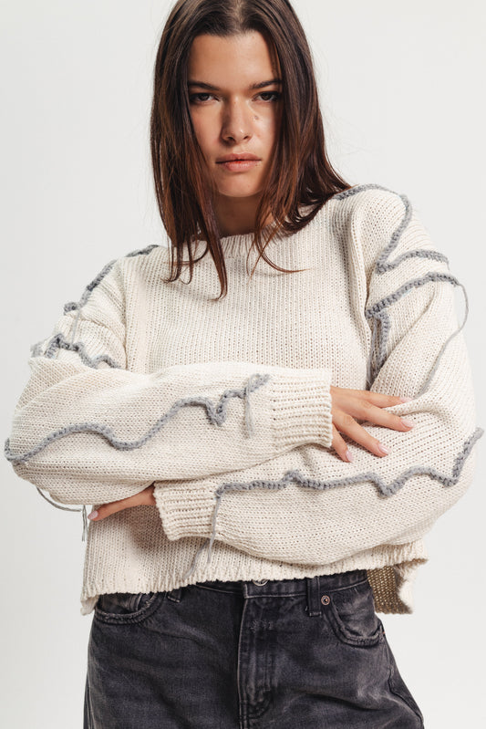 Cropped Stitched Sweater - Off-White
