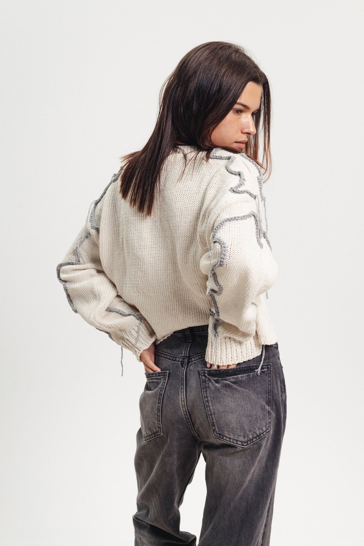 Cropped Stitched Sweater - Off-White