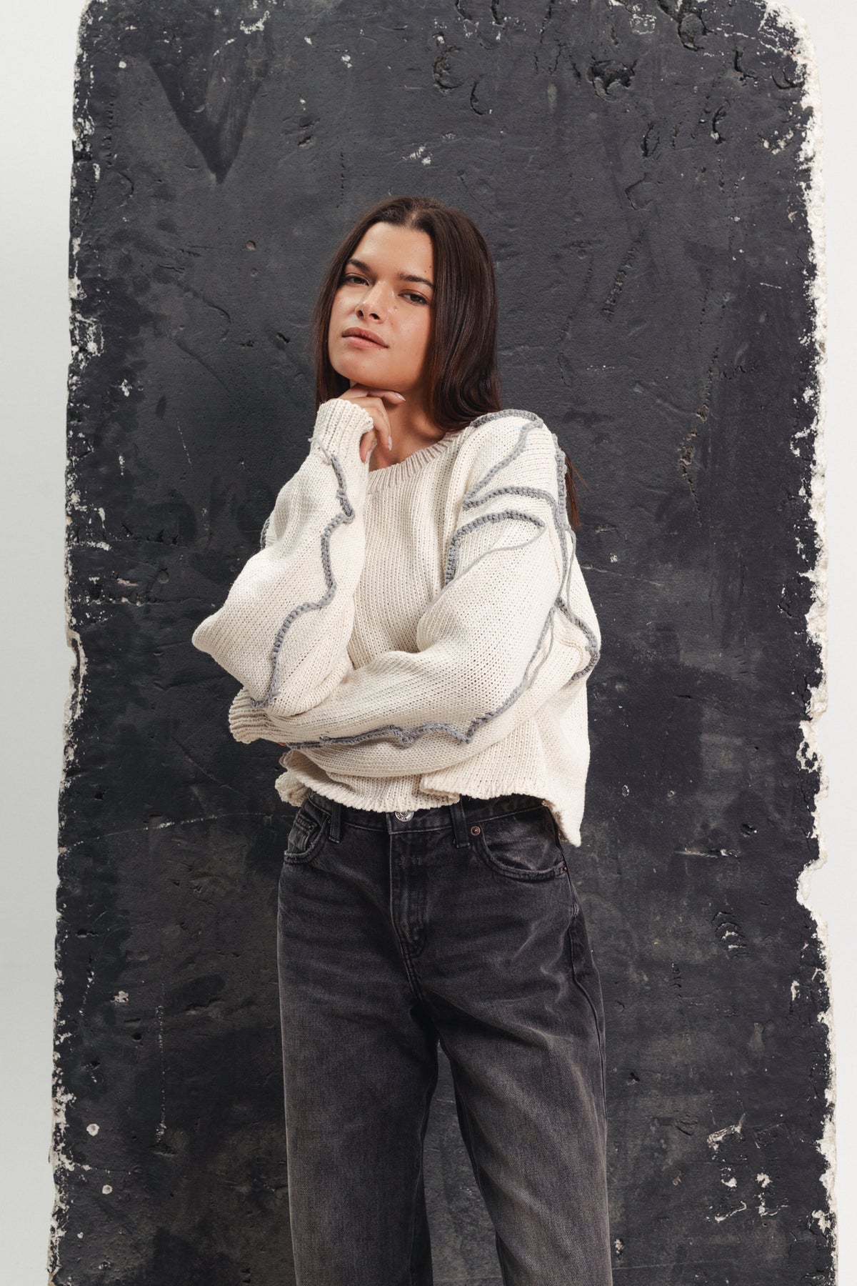 Cropped Stitched Sweater - Off-White