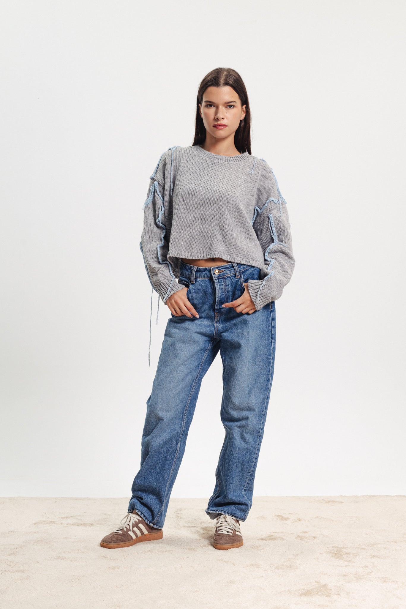 Cropped Stitched Sweater - Grey