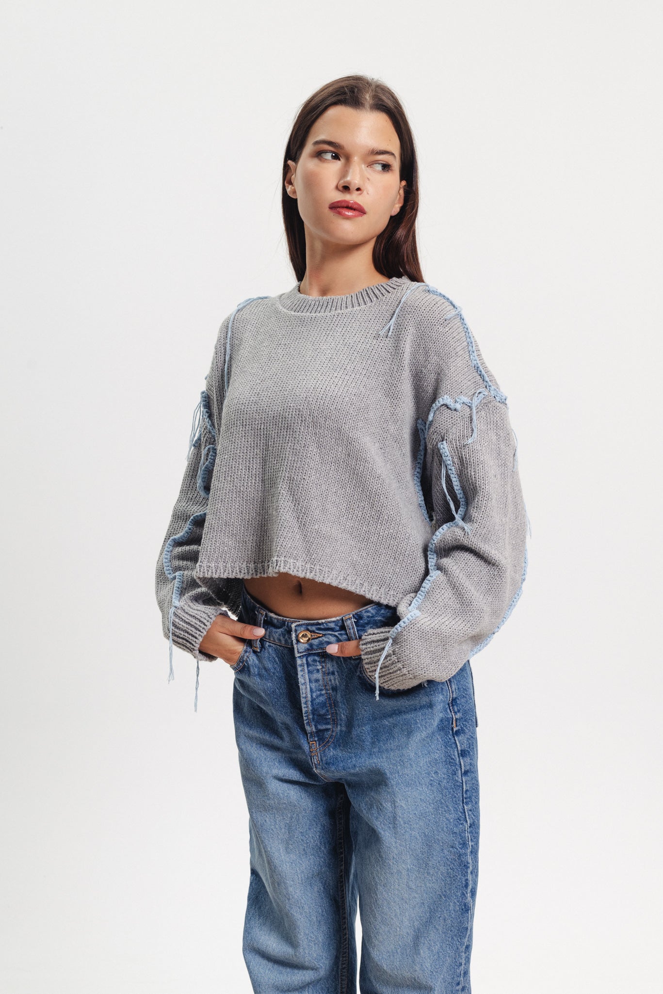 Cropped Stitched Sweater - Grey