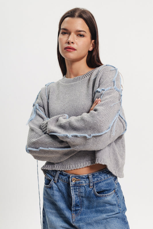 Cropped Stitched Sweater - Grey