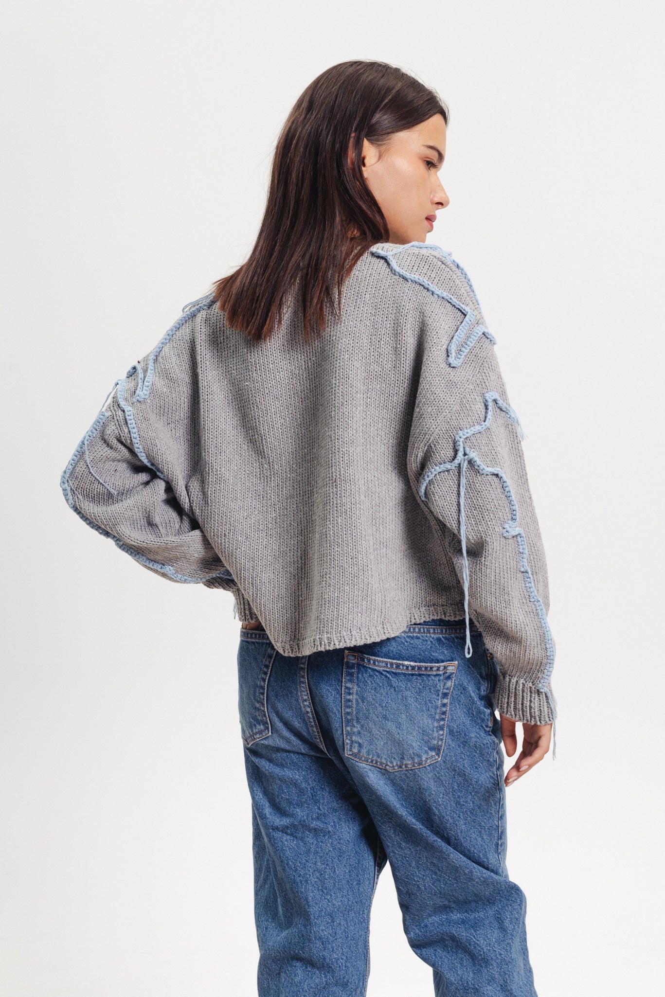 Cropped Stitched Sweater - Grey