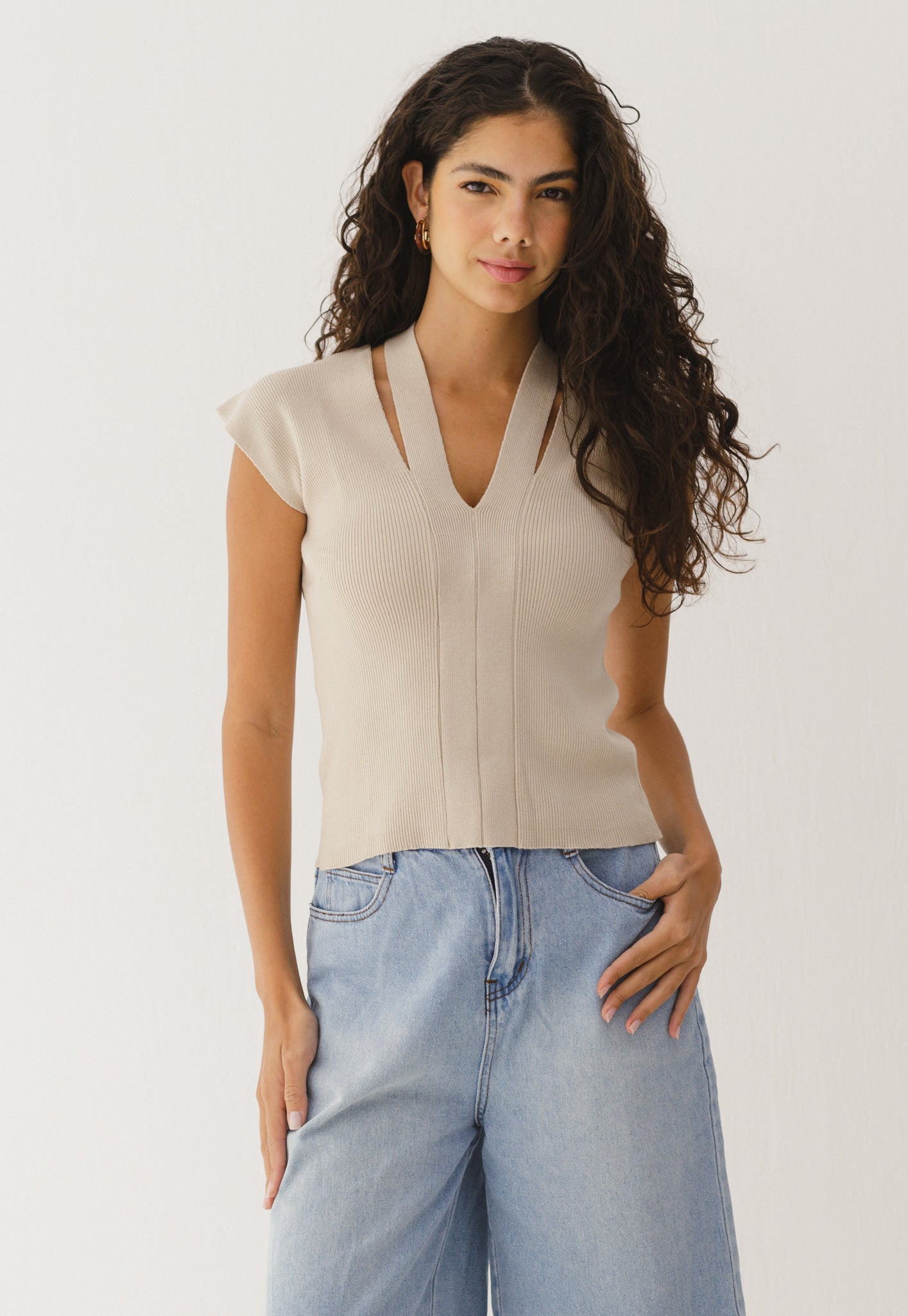 Double Slit Knit Top - Beige