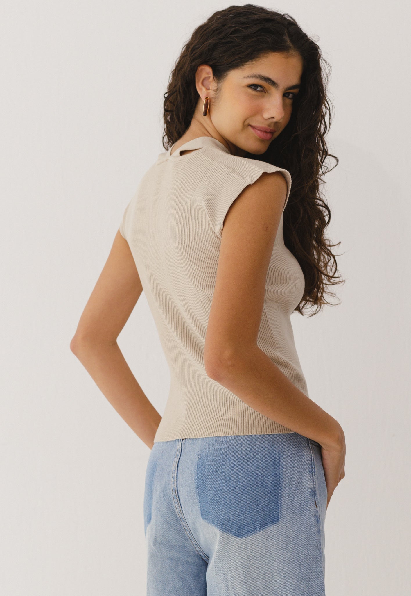 Double Slit Knit Top - Beige