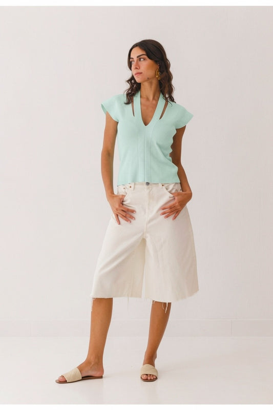 Double Slit Knit Top - Blue