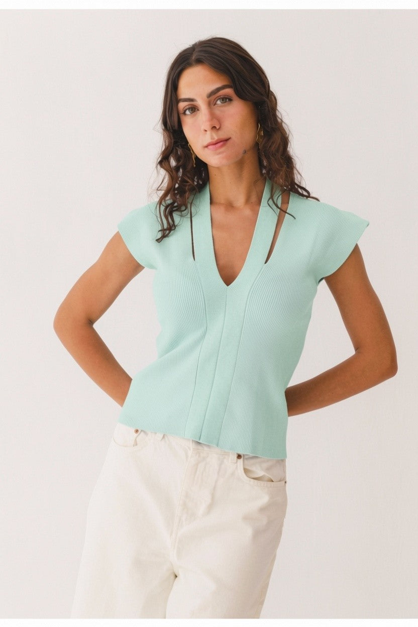 Double Slit Knit Top - Blue