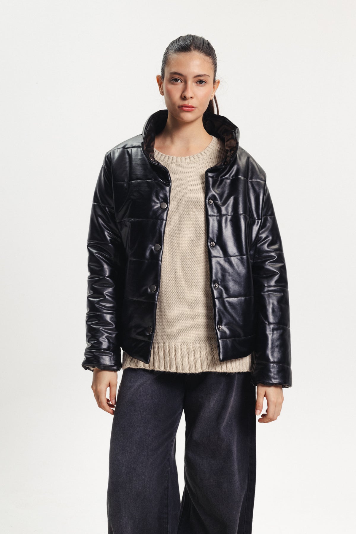 Puffer Leather Jacket - Black