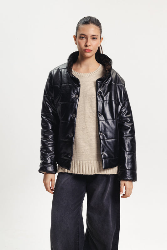 Puffer Leather Jacket - Black