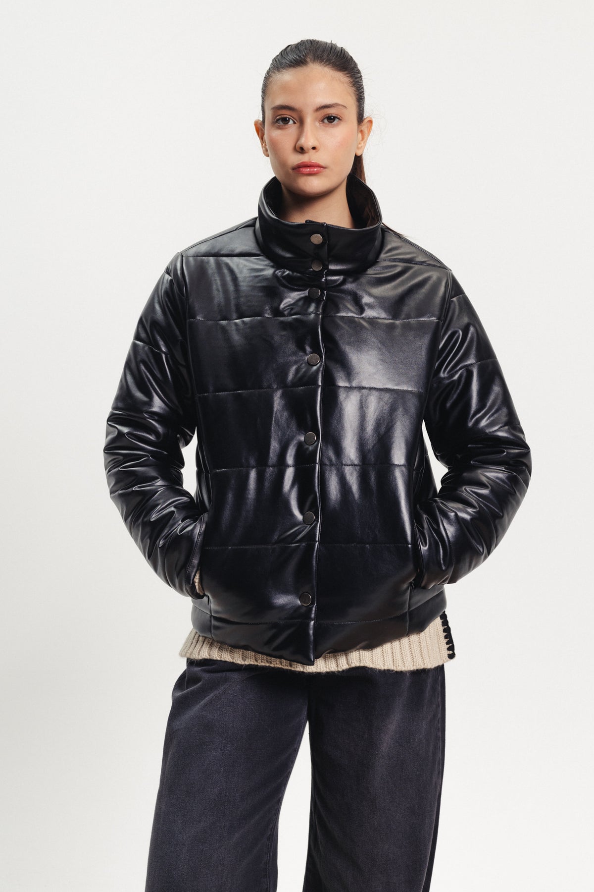 Puffer Leather Jacket - Black