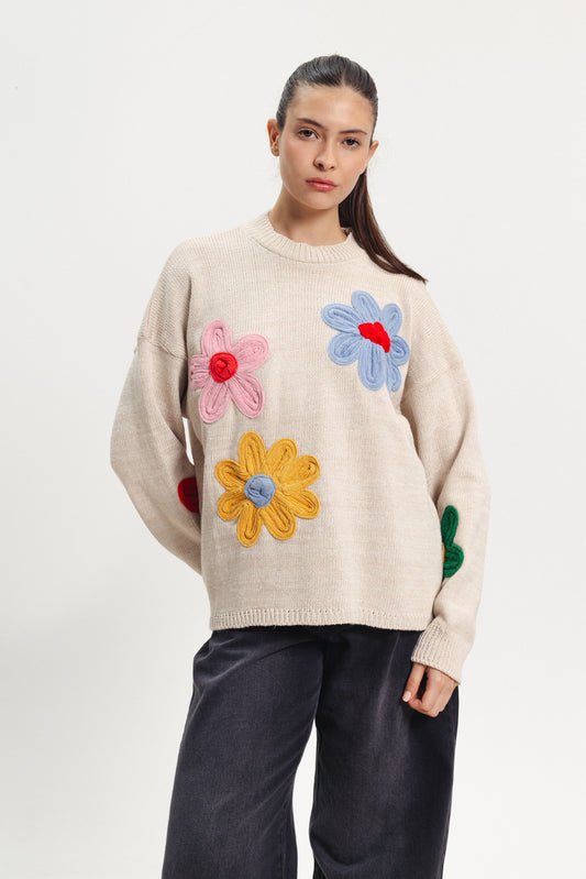 Fun Flower Sweater - Beige