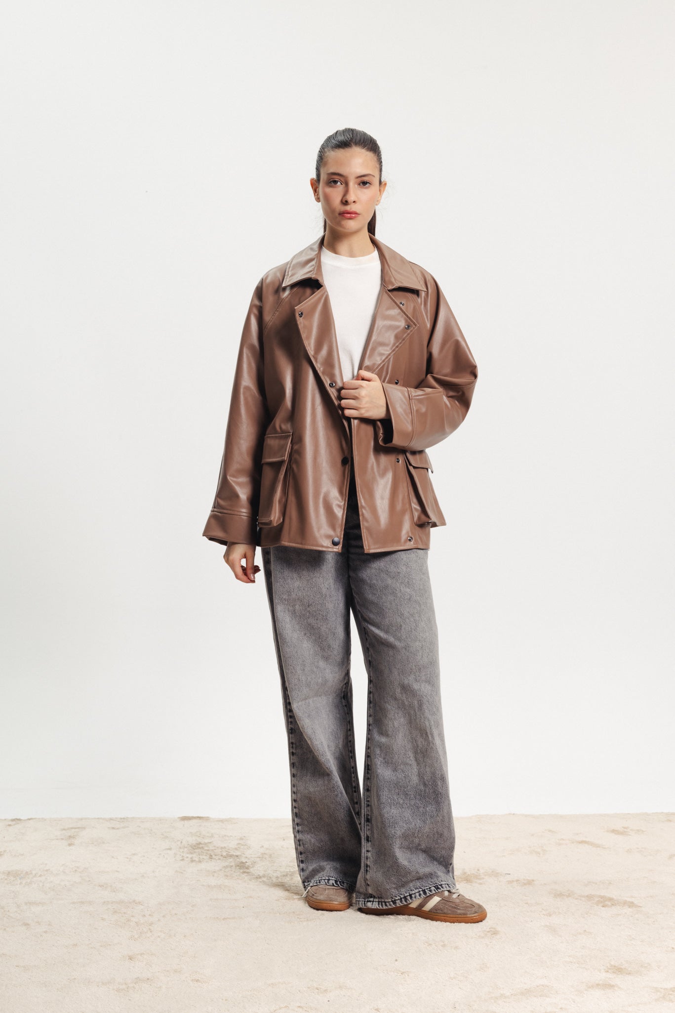 Leather Oversized Blazer - Light Brown