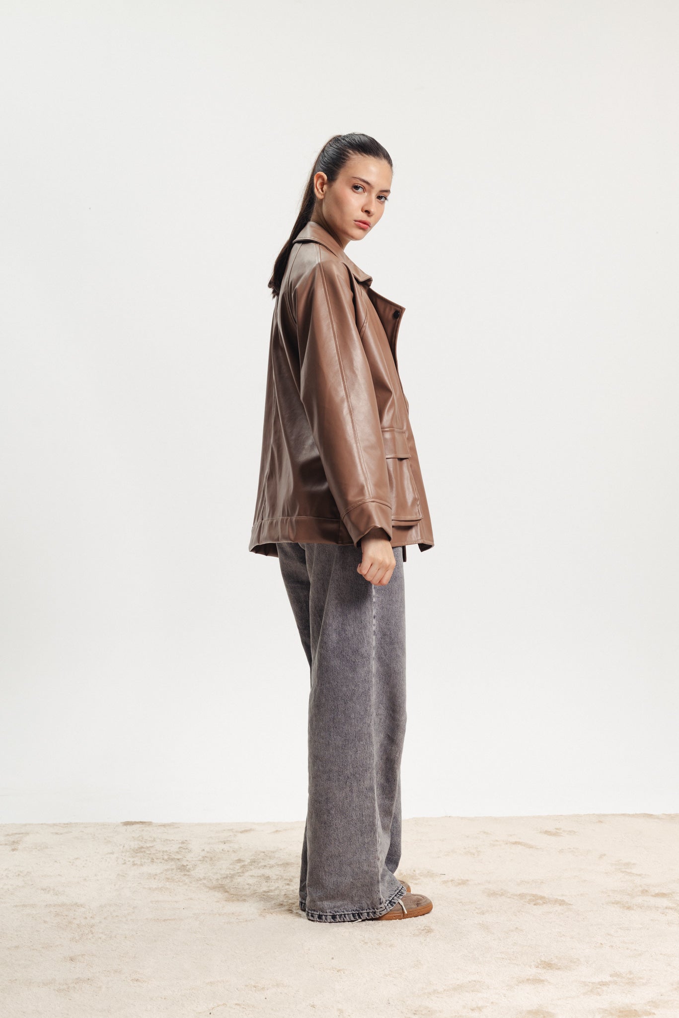 Leather Oversized Blazer - Light Brown