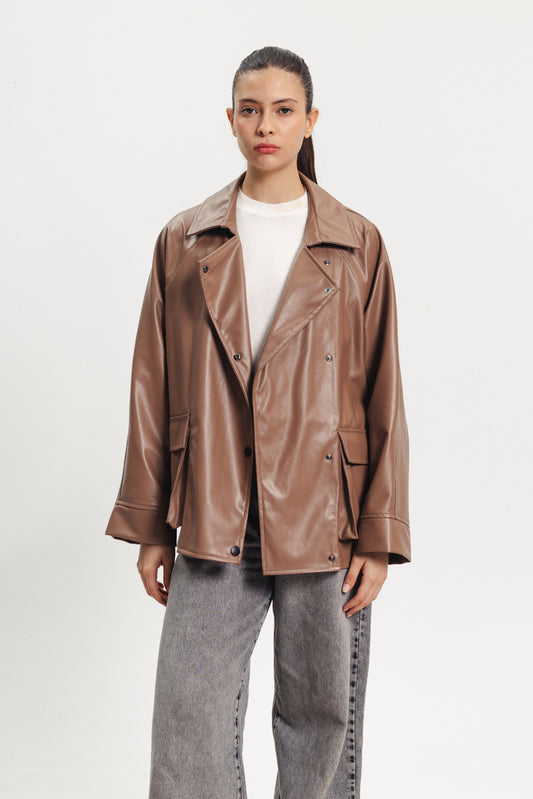 Leather Oversized Blazer - Light Brown