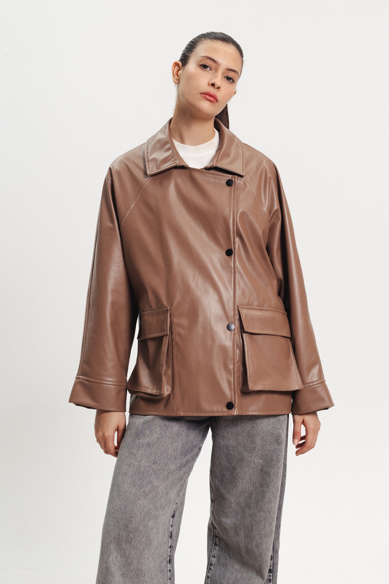 Leather Oversized Blazer - Light Brown