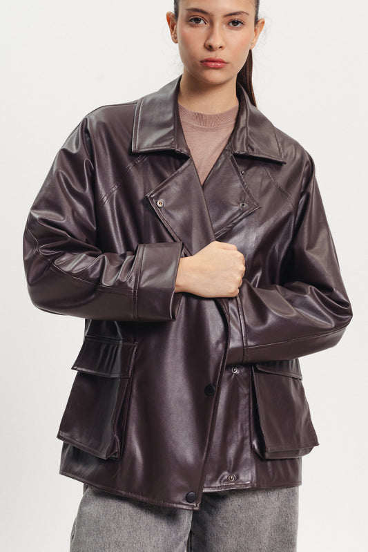 Leather Oversized Blazer - Dark Brown