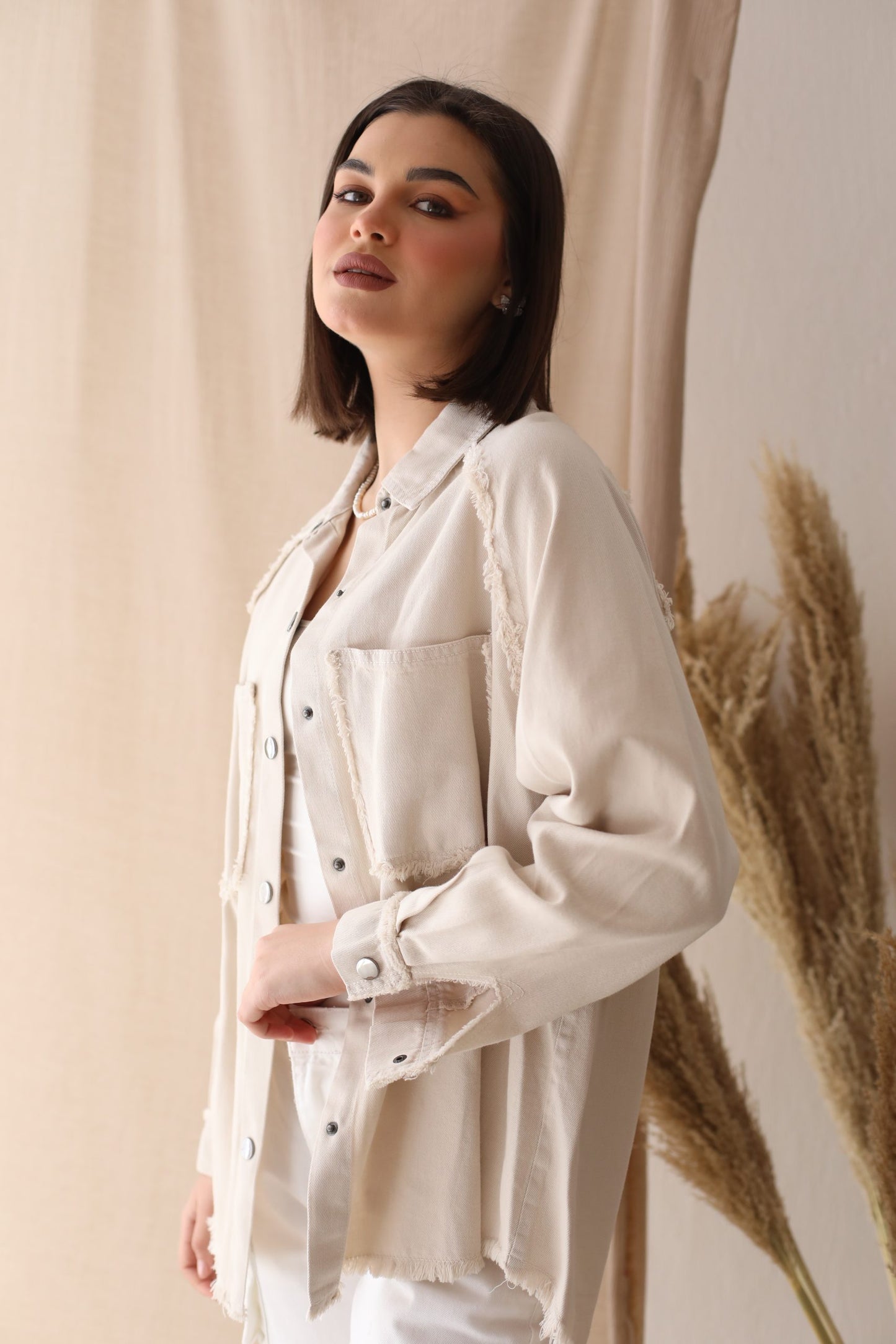 Frayed Long Sleeved Shirt - Beige