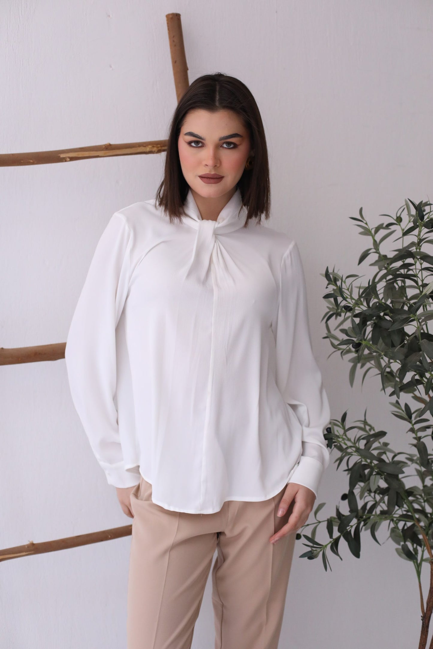 Twisted Front Satin Blouse - Off White