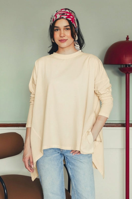 Long Sleeve Cotton T-shirt -Beige