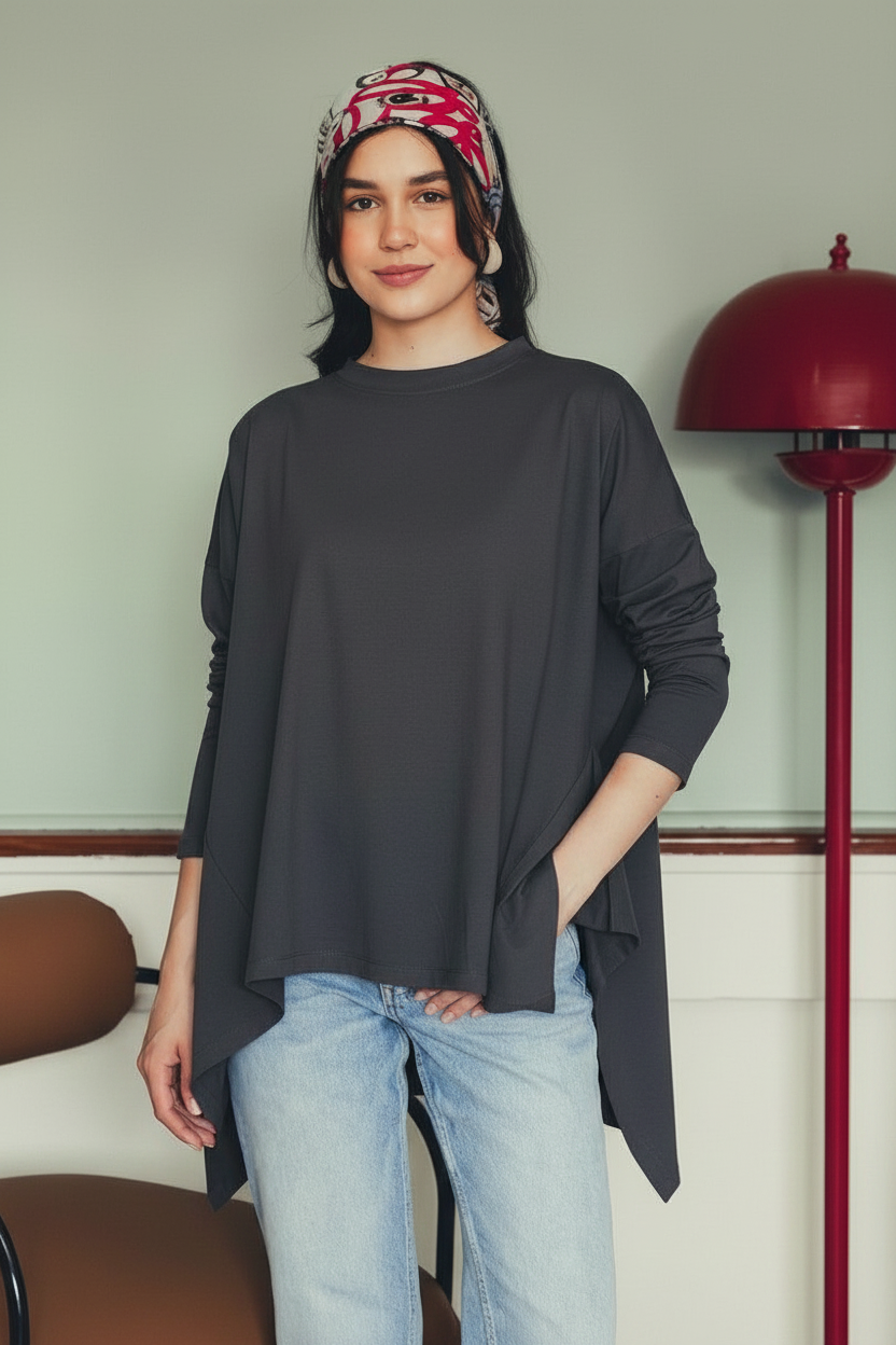 Long Sleeve Cotton T-shirt - Charcoal Grey