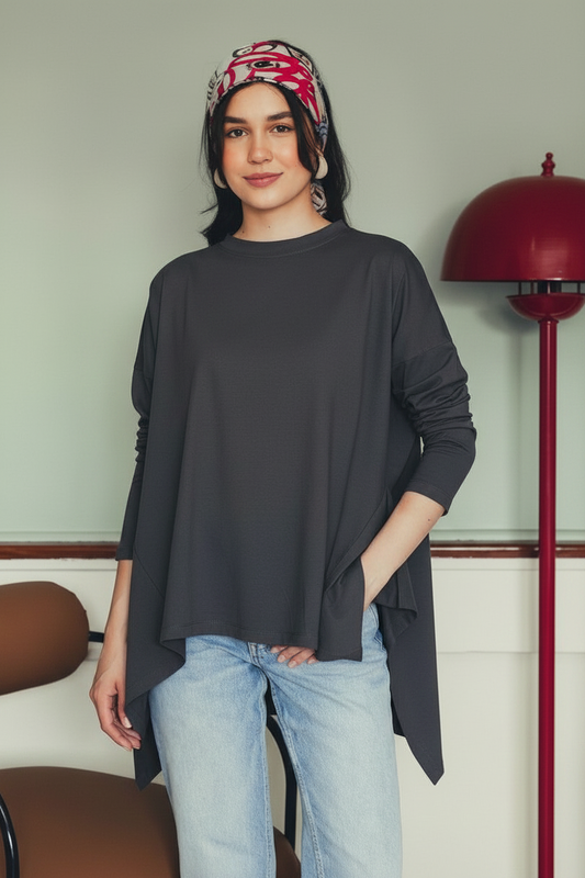 Long Sleeve Cotton T-shirt - Charcoal Grey