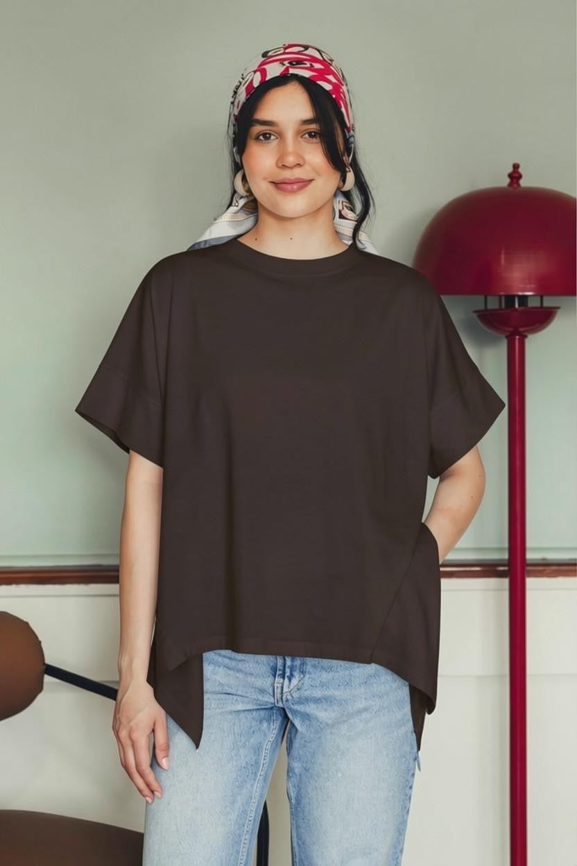 Asymmetric Cotton T-shirt -Brown