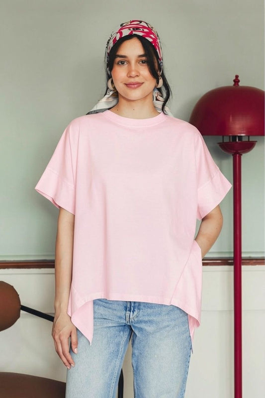 Asymmetric Cotton T-shirt -Pink