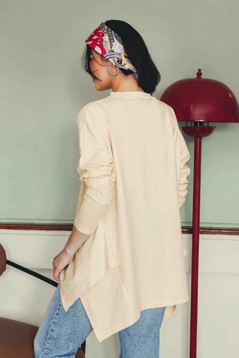 Long Sleeve Cotton T-shirt -Beige