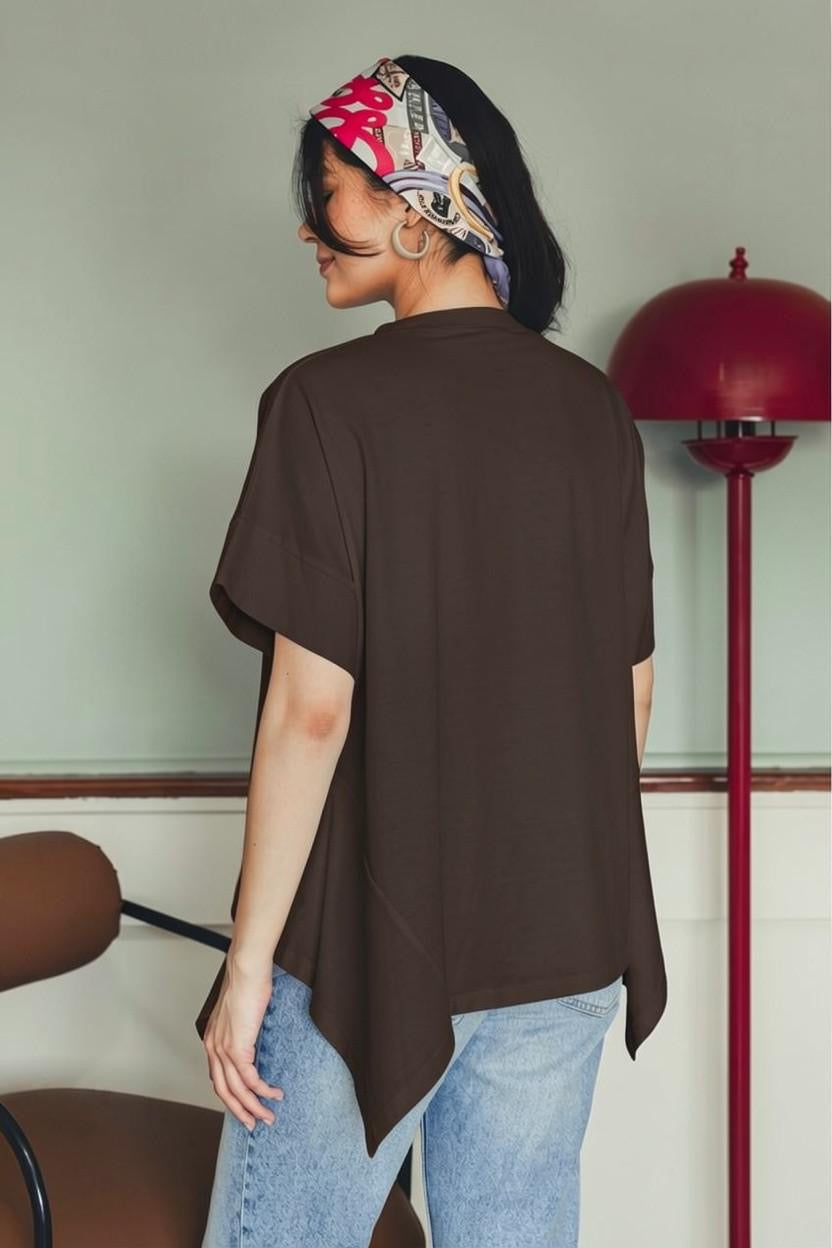 Asymmetric Cotton T-shirt -Brown